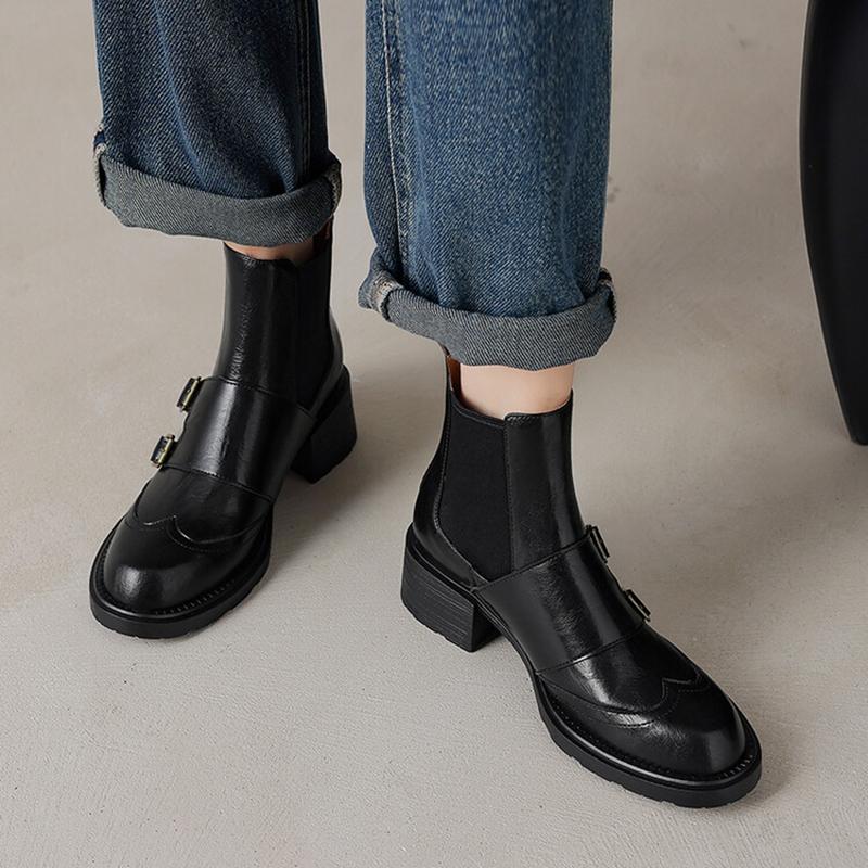 Fashion NEW Autumn Women Boots Round Toe Chunky Heel Shoes Split Leather Shoes for Women Slip-on Ankle Boots Belt Buckle Chelsea Boots