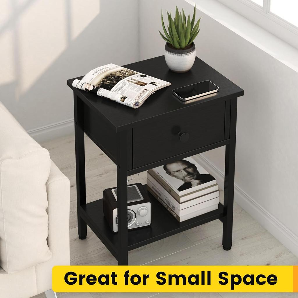 Set of 2 Nightstands with Drawers and Shelf, Black Wood Metal Bedside Tables, Easy Assembly, for Bedroom Living Room