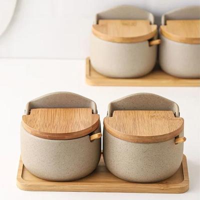 Colher de Servir Conjunto de Potes de Cerâmica para Temperos Bandeja de Madeira Recipiente para Condimentos de Cozinha Cozinha