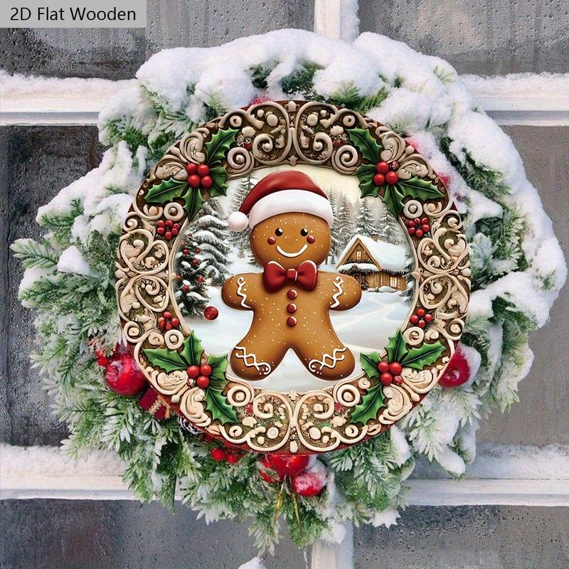 Wooden Christmas Sign with Gingerbread Man Pattern - Navidad Round Sign for Front Door, Wall Hanging Decor - Ideal Christmas Decoration