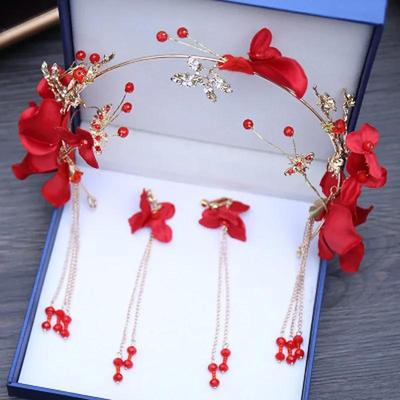 Dámská Móda Červená Květinová Dekorace Svatba Tiaras Čelenka Pokrývka hlavy Svatba Korunky Náušnice Šperky Vlasové Doplňky pro Ženy