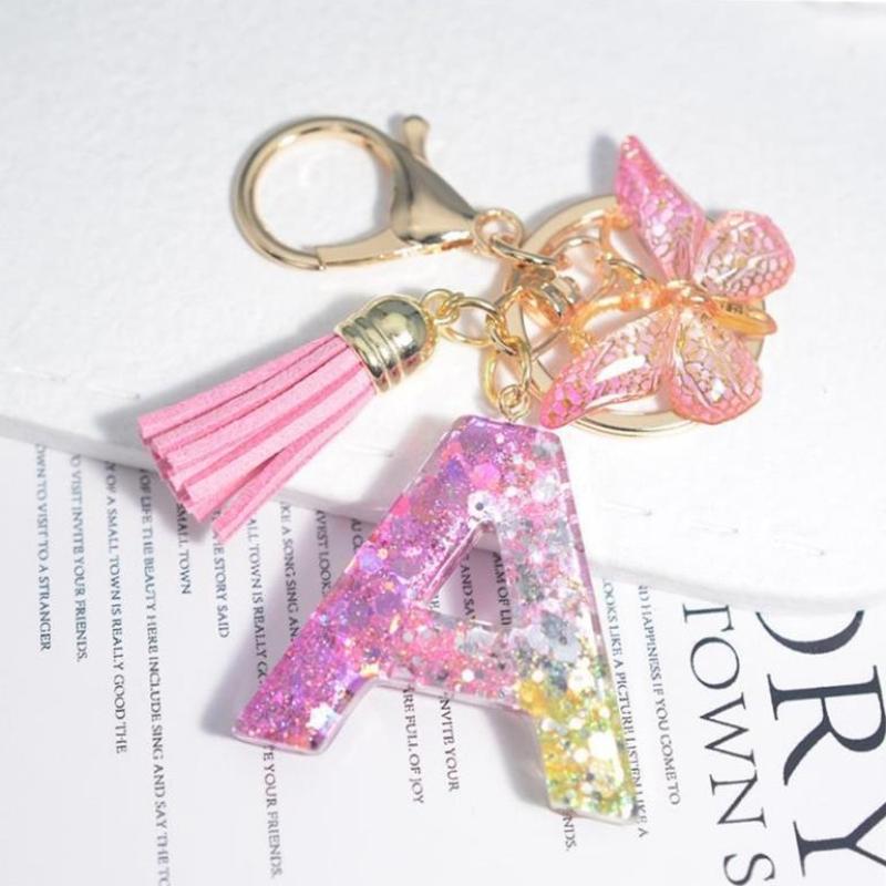Fashion 26 English A-Z Initial Letter Resin Keychain Cute Butterfly Tassel Keyring Backpack Charm Pendent Accessories Gift