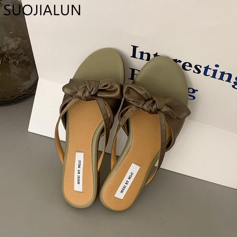 Fashion SUOJIALUN 2025 Summer New Brand Women Slipper Fashion Bow-knot Slip On Ladies Sandal Shoes Flat Heel Outdoor Casual Dress Slide