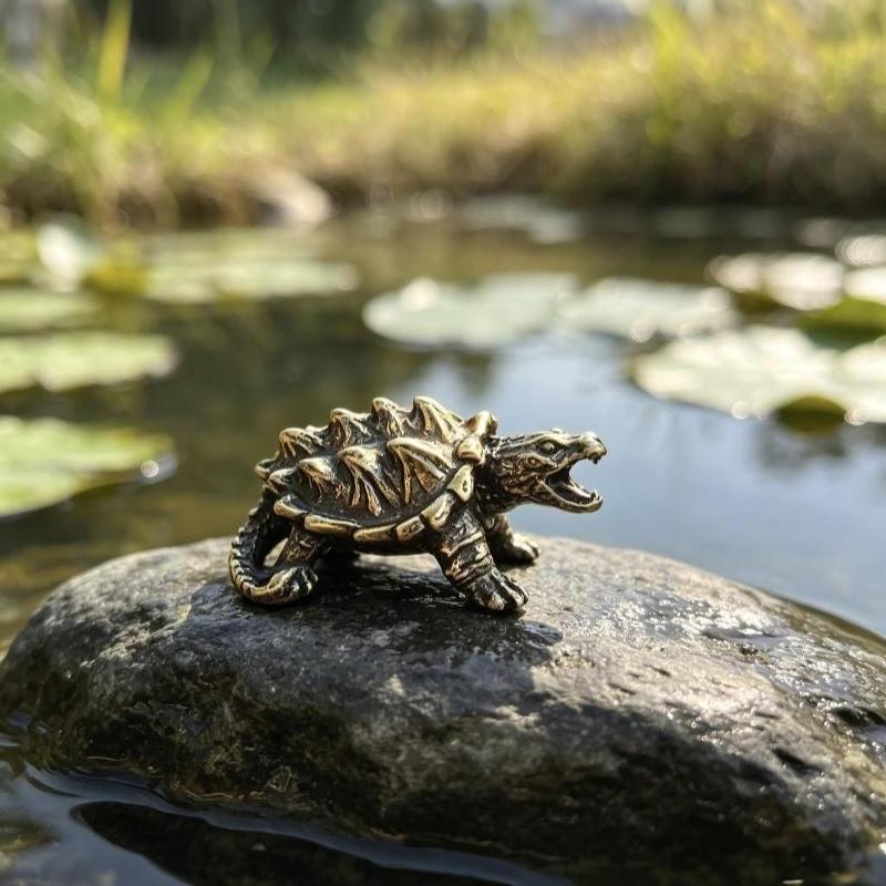 Brass-Toned Alloy Mini Snapping Turtle Figurine Lifelike Details Vintage Finish For Aquarium Desktop Garden Decor