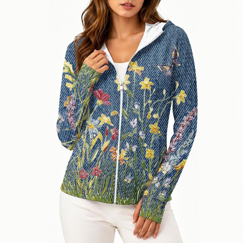 Sweat à capuche zippé pour femme Veste légère à manches longues Protection solaire avec capuche et poches Imprimé floral Tenue décontractée d'extérieur