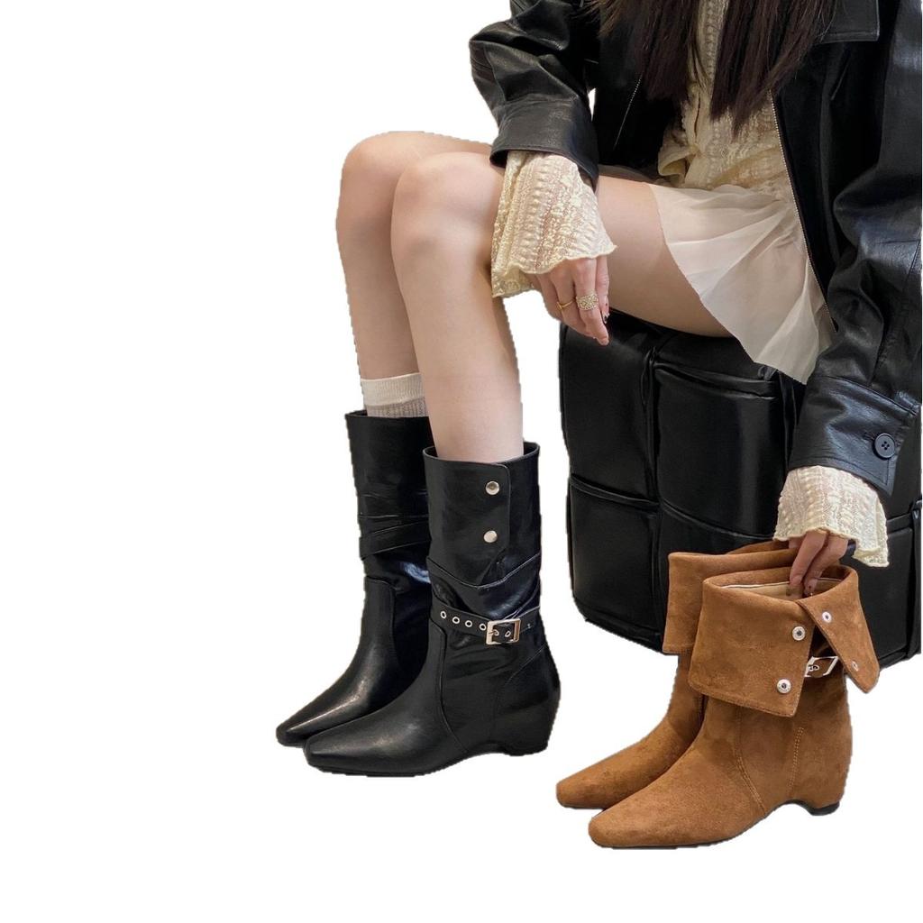 Niche high-heeled women's boots women's autumn, winter, autumn and winter square head inner height increase belt buckle rivet medium boots