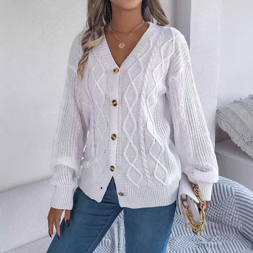 2025 Autumn/Winter V-neck Lantern Sleeve Cable Knit Button Cardigan Sweater for Women