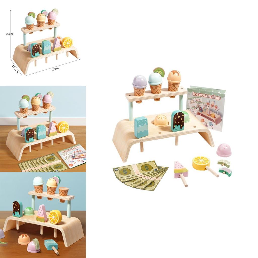 Wooden Simulation Ice Cream Shelf Children Puzzle Interactive Toy For Imaginative Role Play