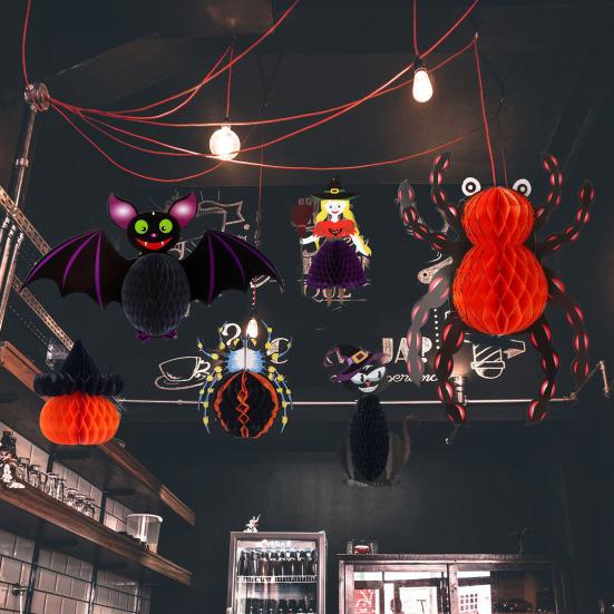 Honeycomb Halloween Hanging Decorations Ghost Spider Pumpkin Witch Bat Paper Honeycomb Centerpieces for Indoor Window Haunted House Decor