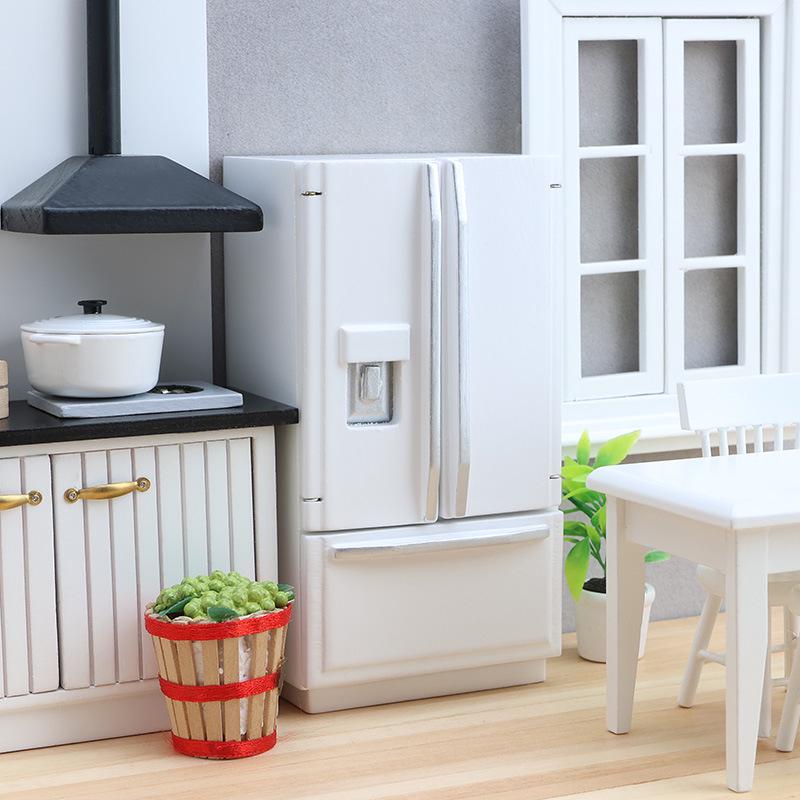 1:12 Mini Dollhouse Double Door Refrigerator Model in White/Silver/Gray