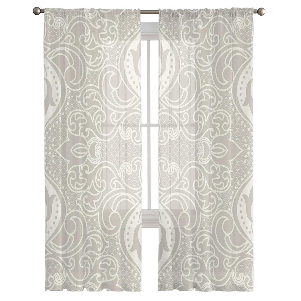 Artistic Beige Baroque Retro Flowers Voile Curtains Window Treatment Chiffon Tulle Curtain Kitchen Living Room Bedroom Light Filtering For Great
