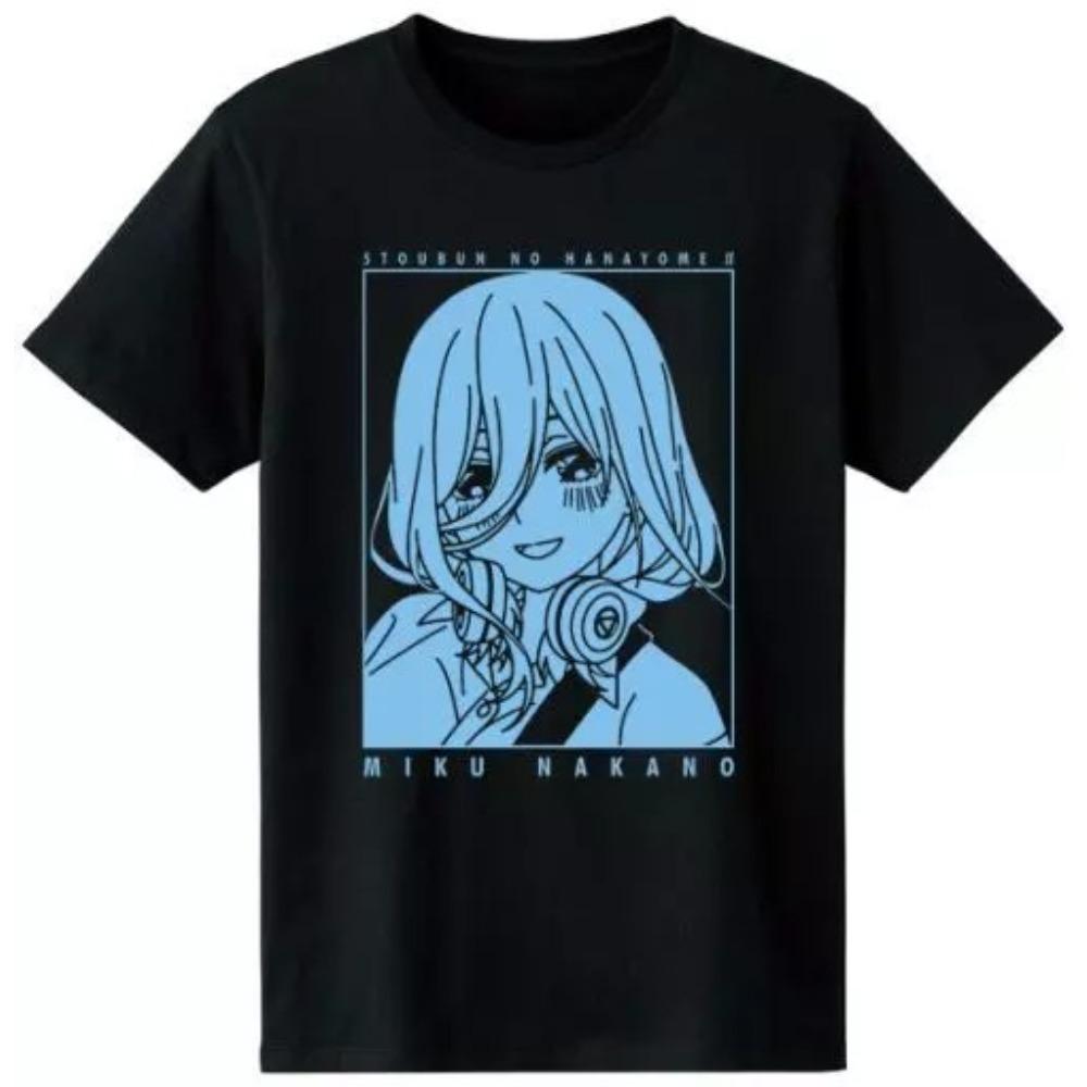 Oversized Black Short-Sleeve T-Shirt Featuring 5-Toubun No Hanayome Nakano Miku Headphones Classic Scene Black-and-White Manga Style Graphic