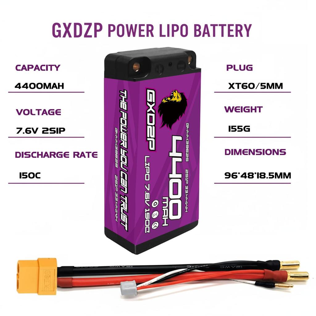 GXDZP Krótki LiPo 2S 7,6V 4400mAh 150C LCG Twarda Obudowa do Samochodów RC, Wtyczka 5mm, Japońska i Koreańska Bateria Litowo-Polimerowa, Skala 1/10, Ultralekka