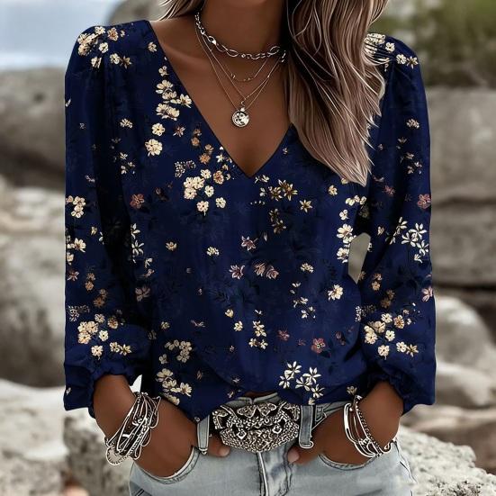 Yousheng Women Tops Retro Floral Print Puff Long Sleeve Shirt V-neck Loose Fit Casual Blouse Breathable Daily Wear