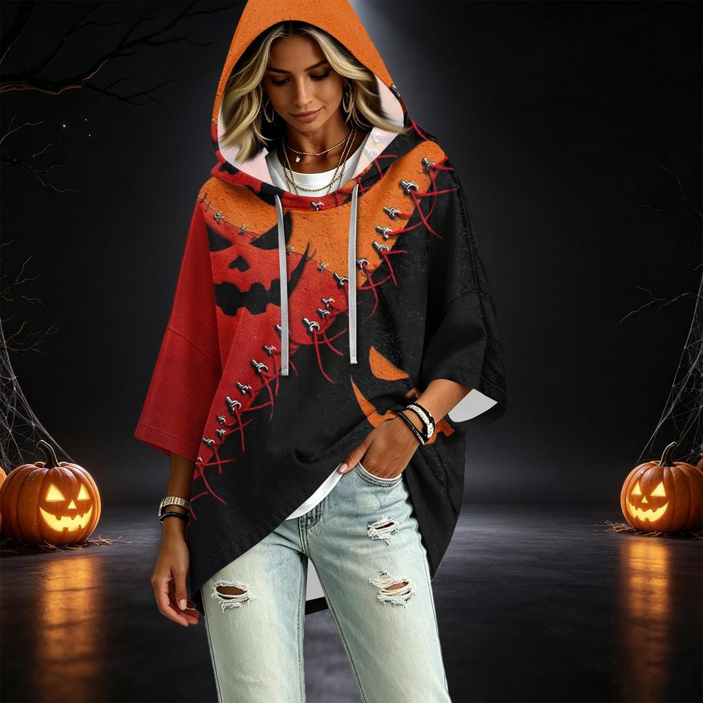 Women's Fashionable Three-Quarter-Sleeve Halloween-Printed Hooded Pullover