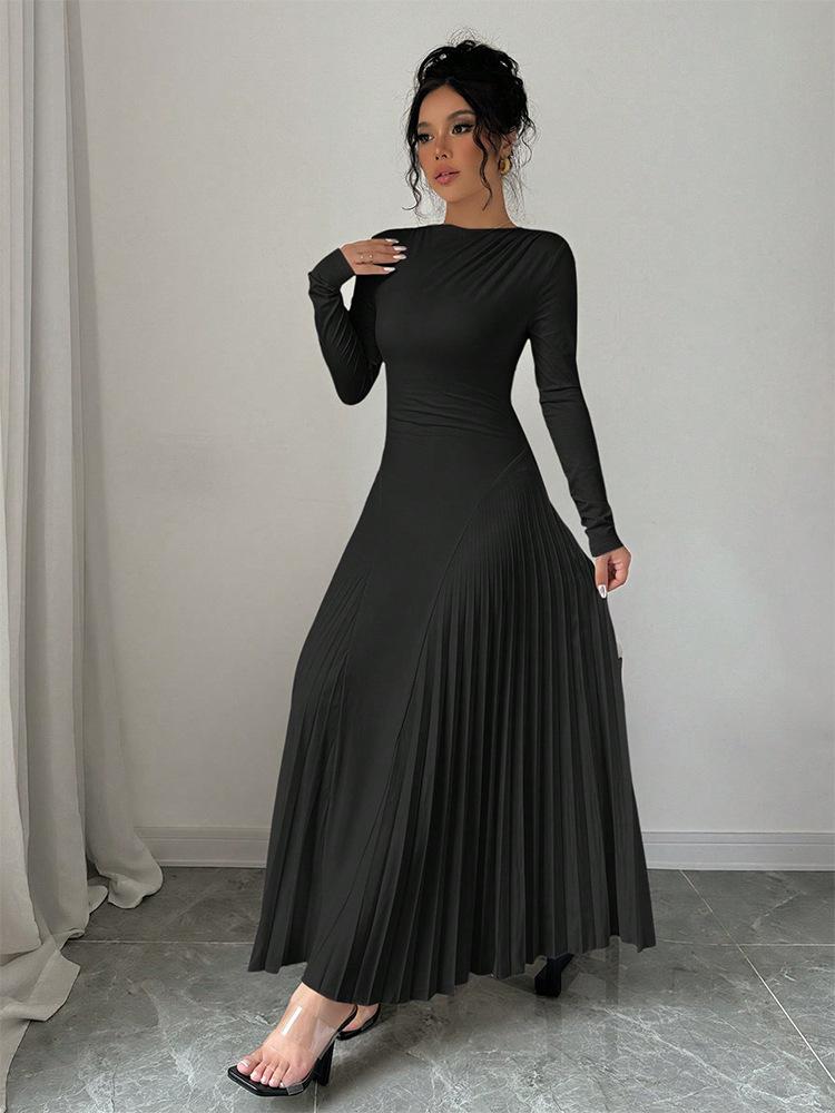 Herbst Winter Einfarbiges Strickkleid Damen O-Ausschnitt Langarm Plissiert Bürokleider Elegant Slim Robe Kleid