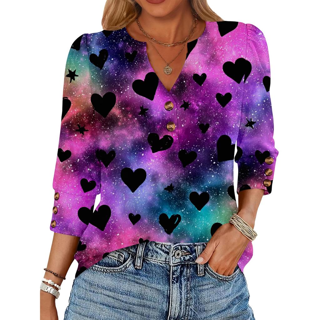 Women's Loose 7-inch Sleeve Top with Heart Print