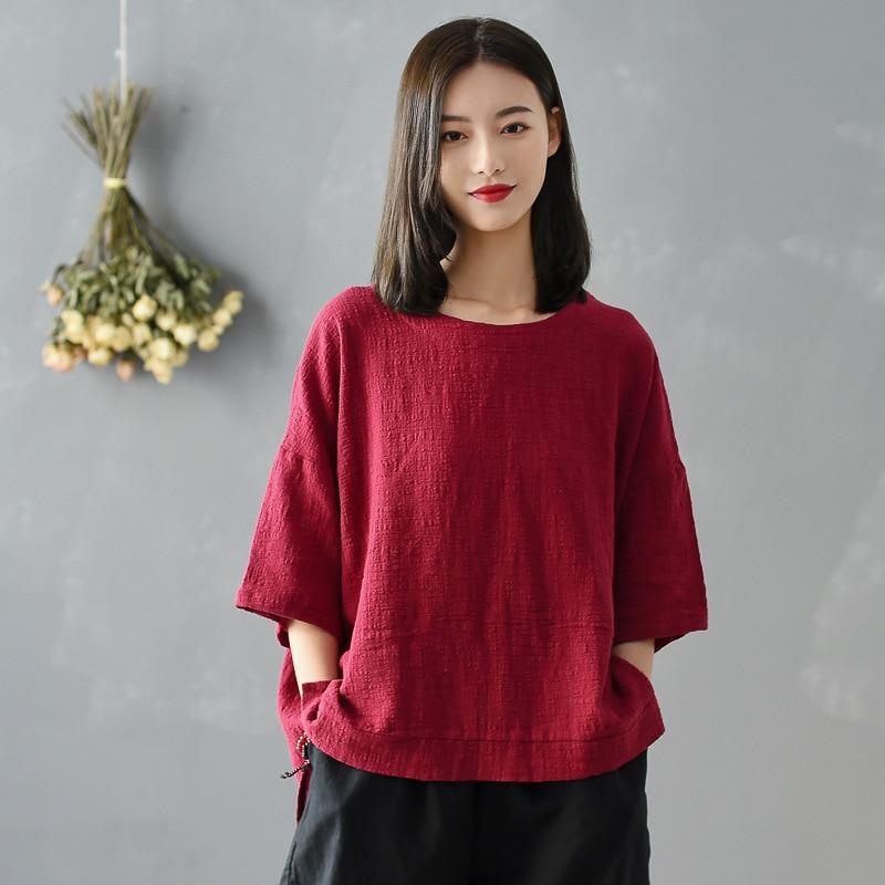 Women Vintage Cotton Linen T-Shirts Solid Color Irregular Summer O-Neck Simple All Match Short Sleeve Tops