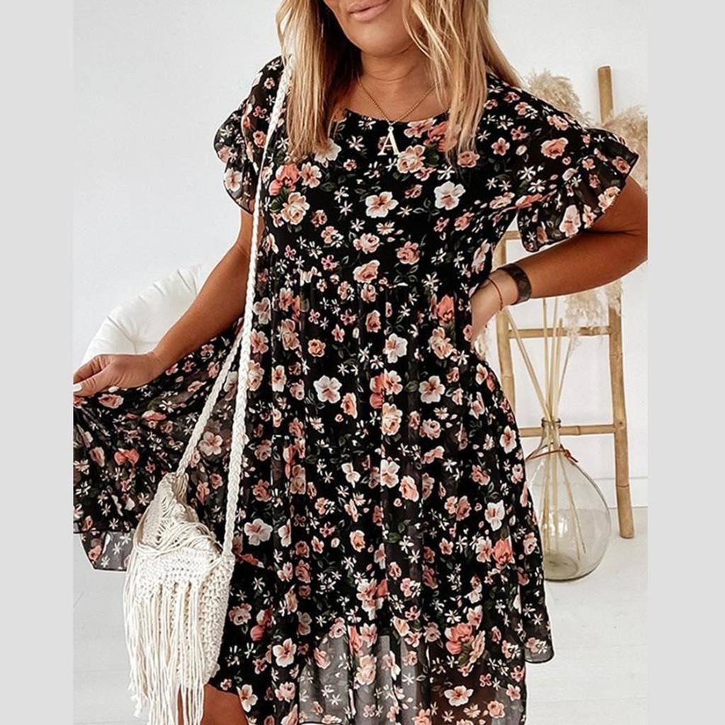 Women's Casual Loose Flowers Print All-match Short Sleeve Dress