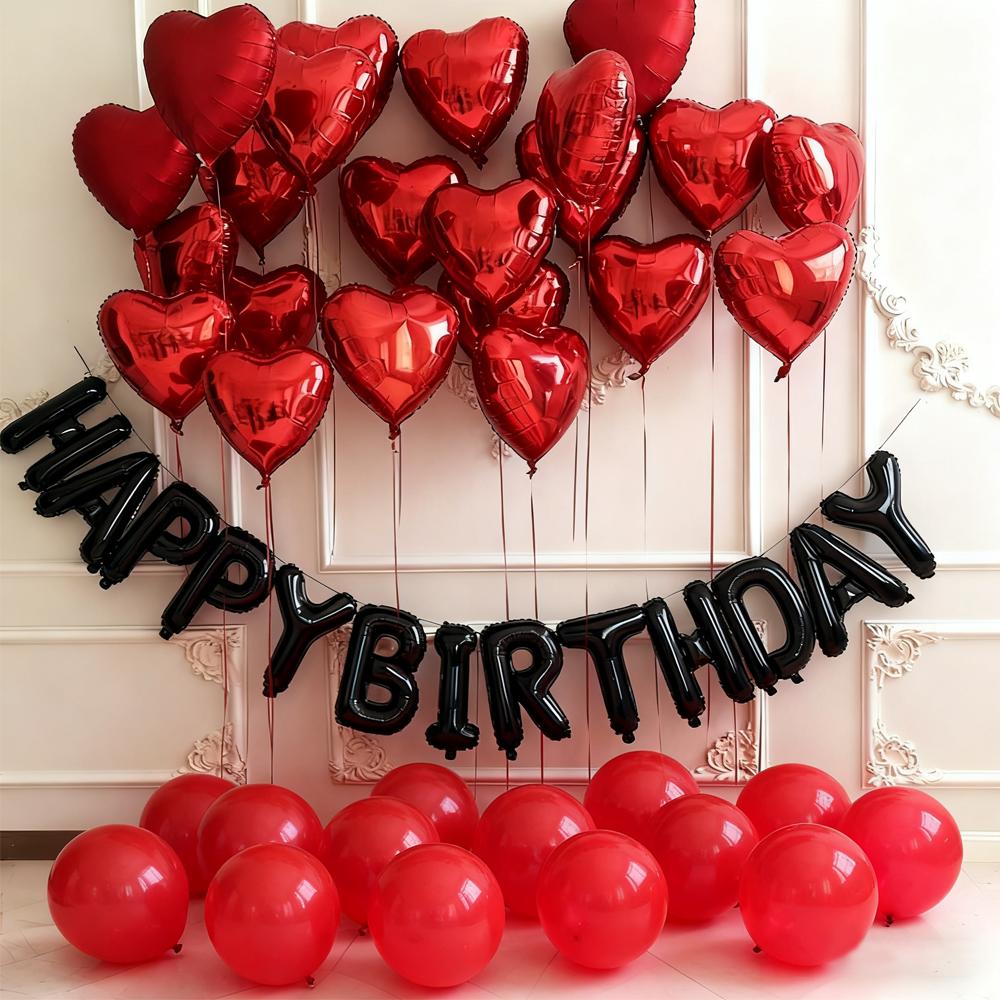 29 PcsBlack Happy Birthday Balloon Set Red Heart Balloon Bow Aluminum Film Balloon Birthday Party Decoration Photography Props