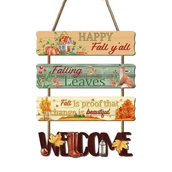 Rustic Pumpkin Door Sign Set, Wooden Scarecrow Wall Hanging Decor with Sunflower and Maple Leaf, Vintage Fall Harvest Welcome Plaque