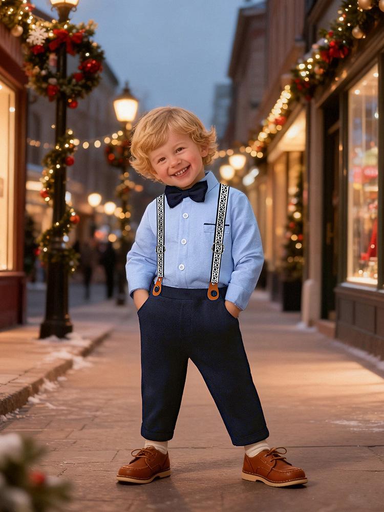 Nuovo Set Due Pezzi Pantaloni con Bretelle - Stile Britannico Primo Compleanno Completo da Gentiluomo per Bambini