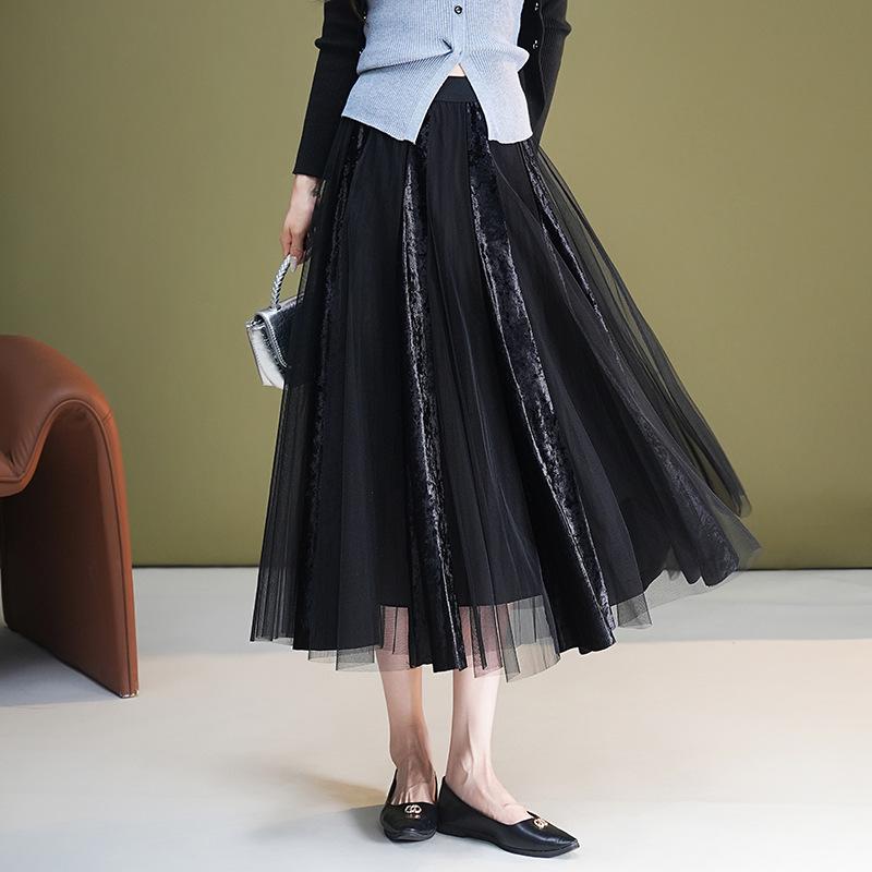 

Элегантная А-силуэтная юбка с пэчворком из сетки с эластичным поясом для женщин, Осень/Зима 2025 One Size - Recommended for 85-145kg