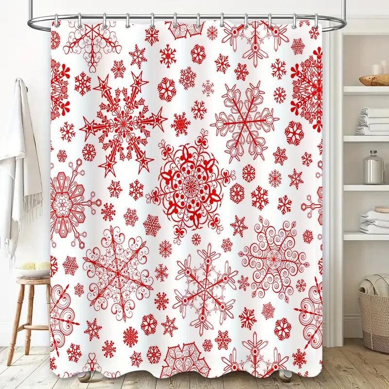 Red Snowflake Shower Curtain Home Decor Bathroom Waterproof Fabric Printing Washable Bathtub Rug White Floral Design