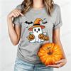 Halloween Schattige Geest Heksenhoed Print T-shirt voor Dames Cartoon Pompoen Vleermuis Grafische Tee Herfst Casual T-shirt Halloween Kostuum Tops