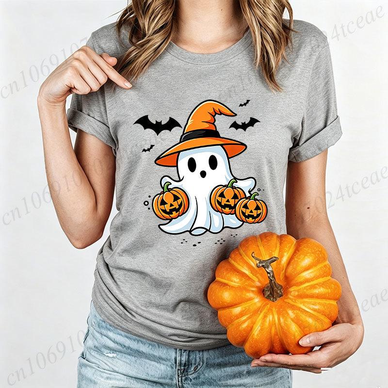 Halloween Schattige Geest Heksenhoed Print T-shirt voor Dames Cartoon Pompoen Vleermuis Grafische Tee Herfst Casual T-shirt Halloween Kostuum Tops