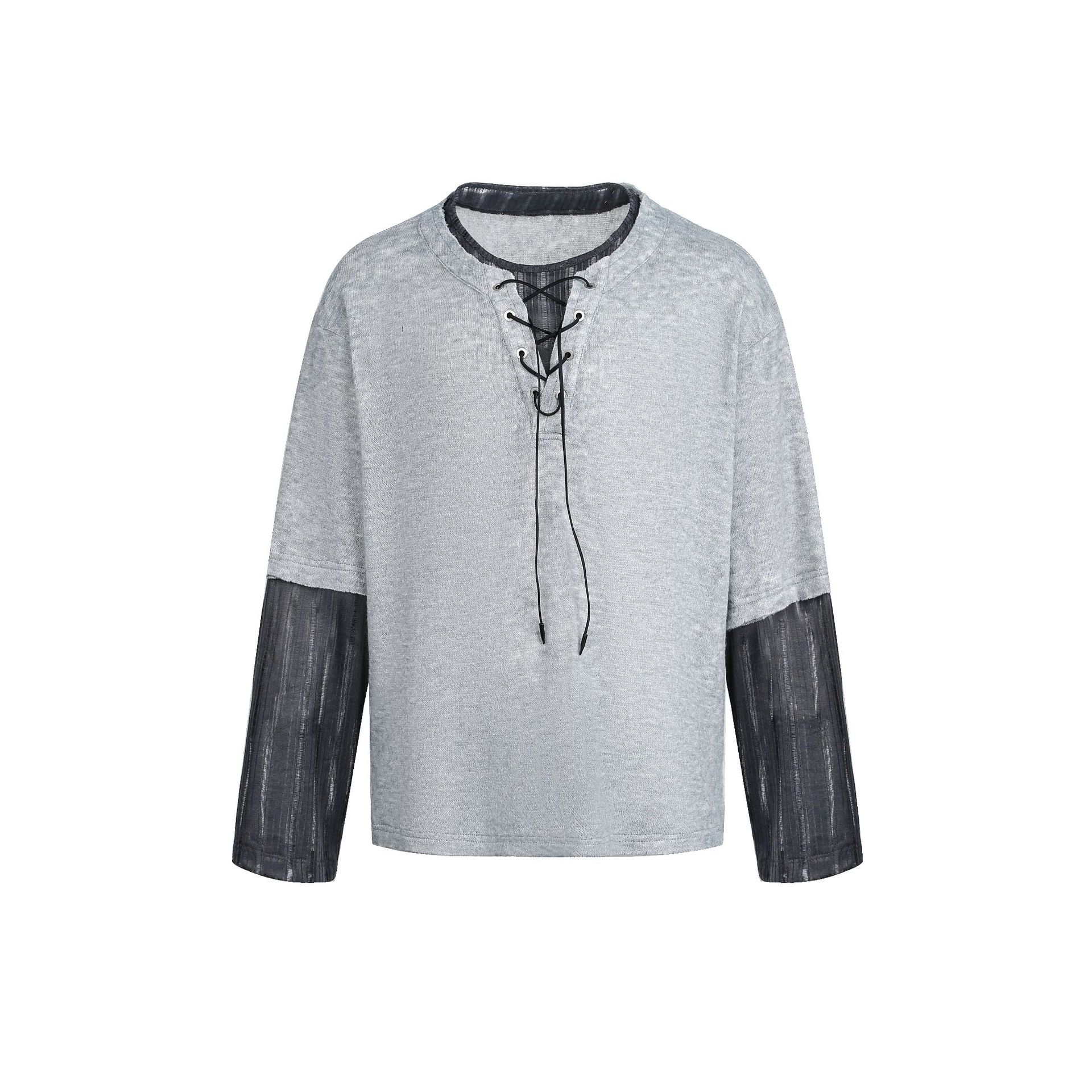 Spring American jersey college style sweater old fake two V-neck tether bottoming shirt M серый