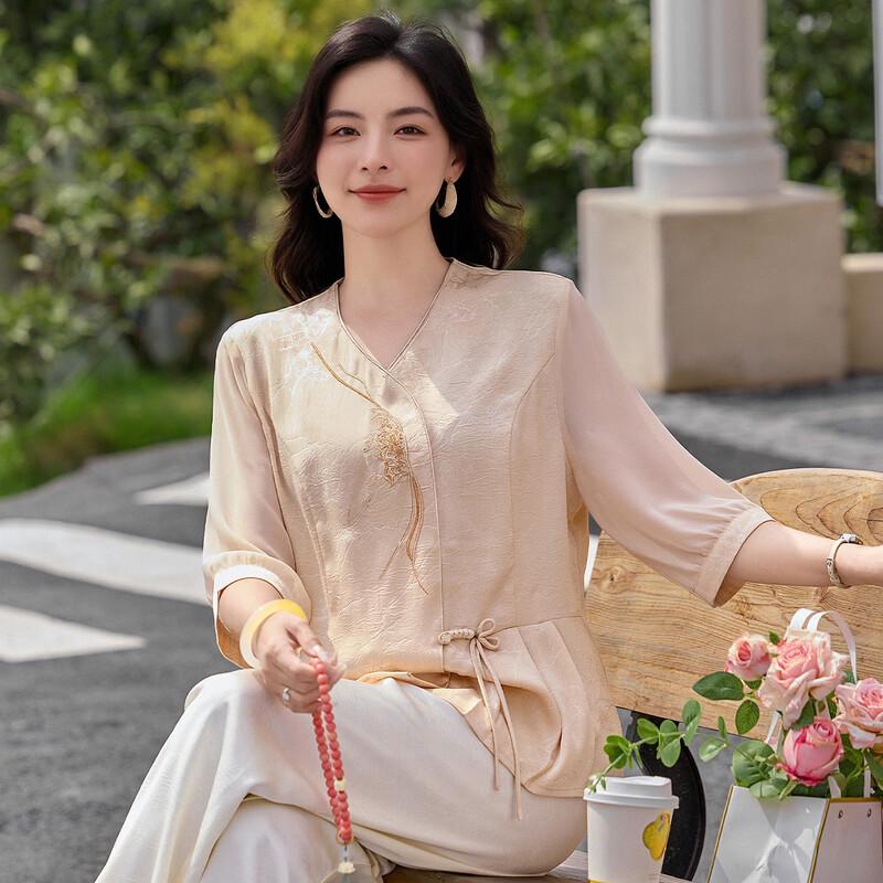 Oudifu Women s New Chinese Style Embroidered Chiffon Blouse XL