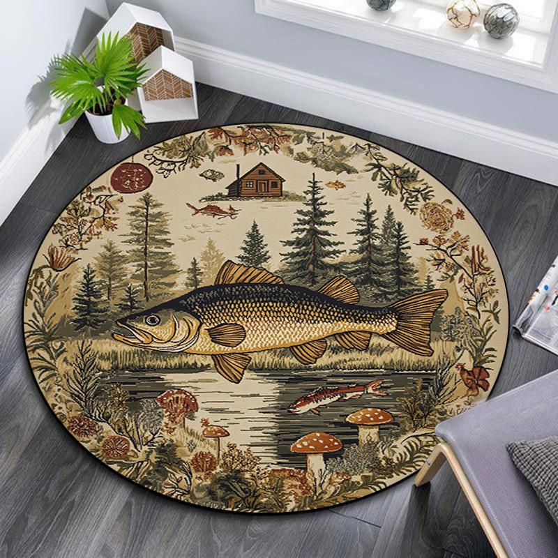 Fish Lake Round Area Rug,Carpet Rug for Living Room Bedroom Sofa Playroom Decor,Non-slip Floor Mat