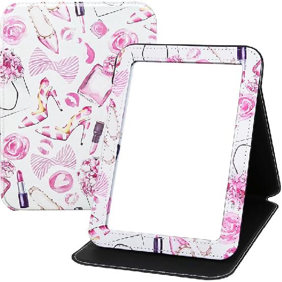 Foldable Travel Makeup Mirror, Portable PU Leather Standing Desk Mirror Rounded Corner, Large Folding Desktop Vanity Mirror with Adjustable Stand for розовый