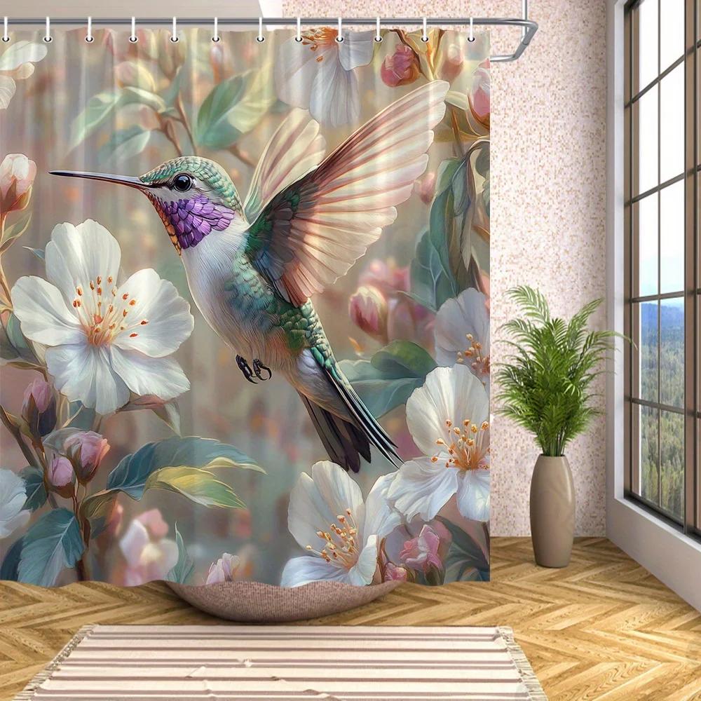 

1Pc Hummingbird Shower Curtain - Green & Purple Feathers, Pastel Floral Background, 70X70 , Polyester, 12 Hooks W60H190(CM)-1 Pcs