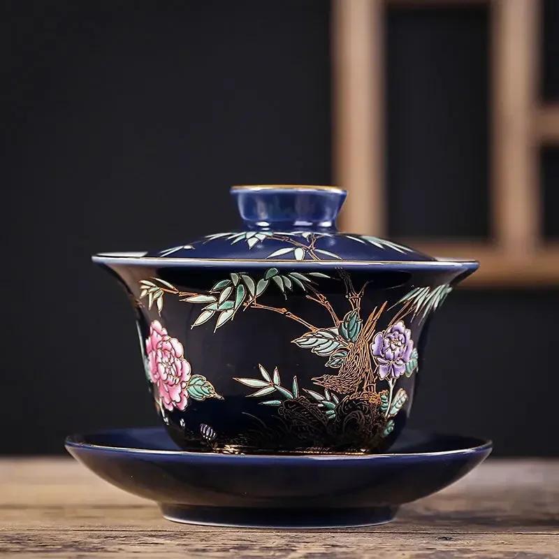 Hand-Painted Celestial Blue Gold Trim Tea Cup, Chinese Gongfu Tea Set with Gift Box - 6-Piece Creative Porcelain Master Cups