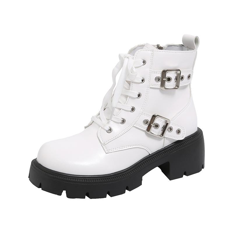 Fashion Fashion Metal Buckle Platform Non-slip Wear-resistant Mid-leg Boots Autumn New Round Toe Zip Block Heel Shoes