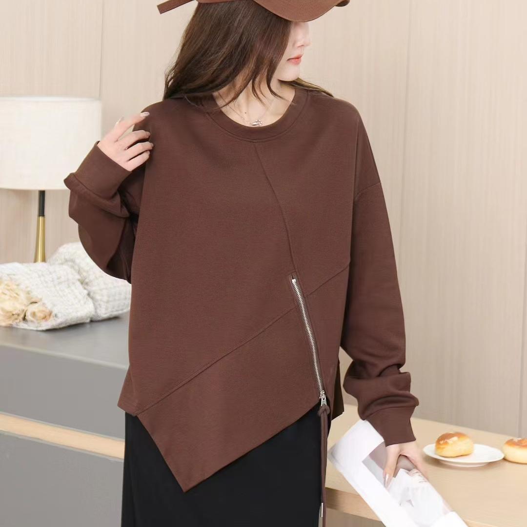 

DIMANAF 2024 Осенняя футболка Однотонная эластичная футболка Женская однотонная футболка с длинным рукавом на молнии Свободные топы Футболки One Size зелёный