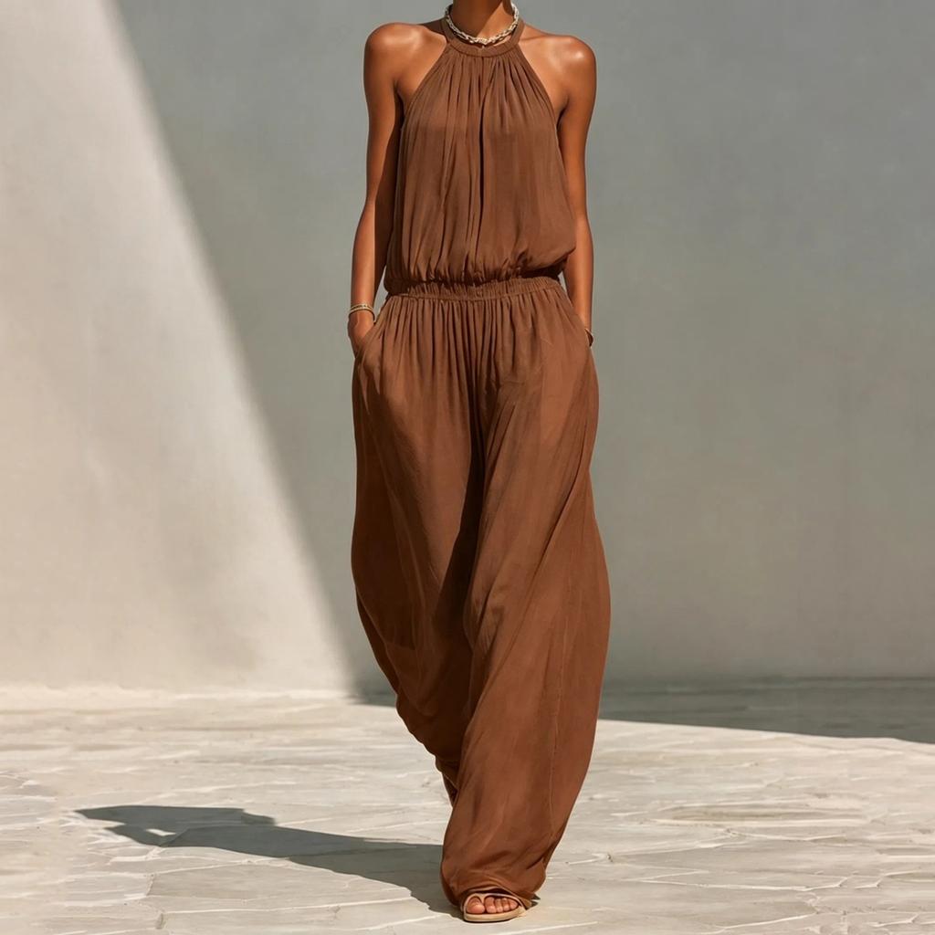 Women's Neck Loose Wide Leg Jumpsuit Vacation Beach Casual Romper for Summer