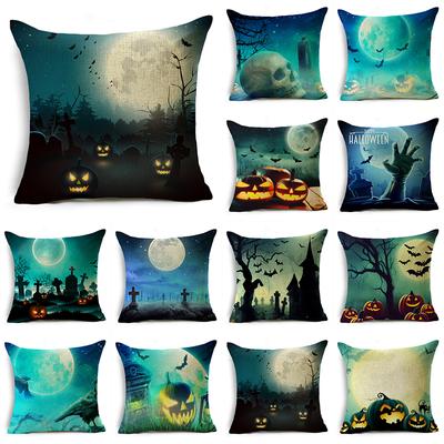 Happy Halloween Pumpkin Lantern Moon Graveyard Blue Linen Throw Pillowcase Decorative Cushion Cover For Sofa Livingroom Party