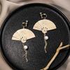 Chinese Carved Folding Fan Pearl Earrings with Tassel, Retro Hanfu Style, No-Piercing Ear Clips