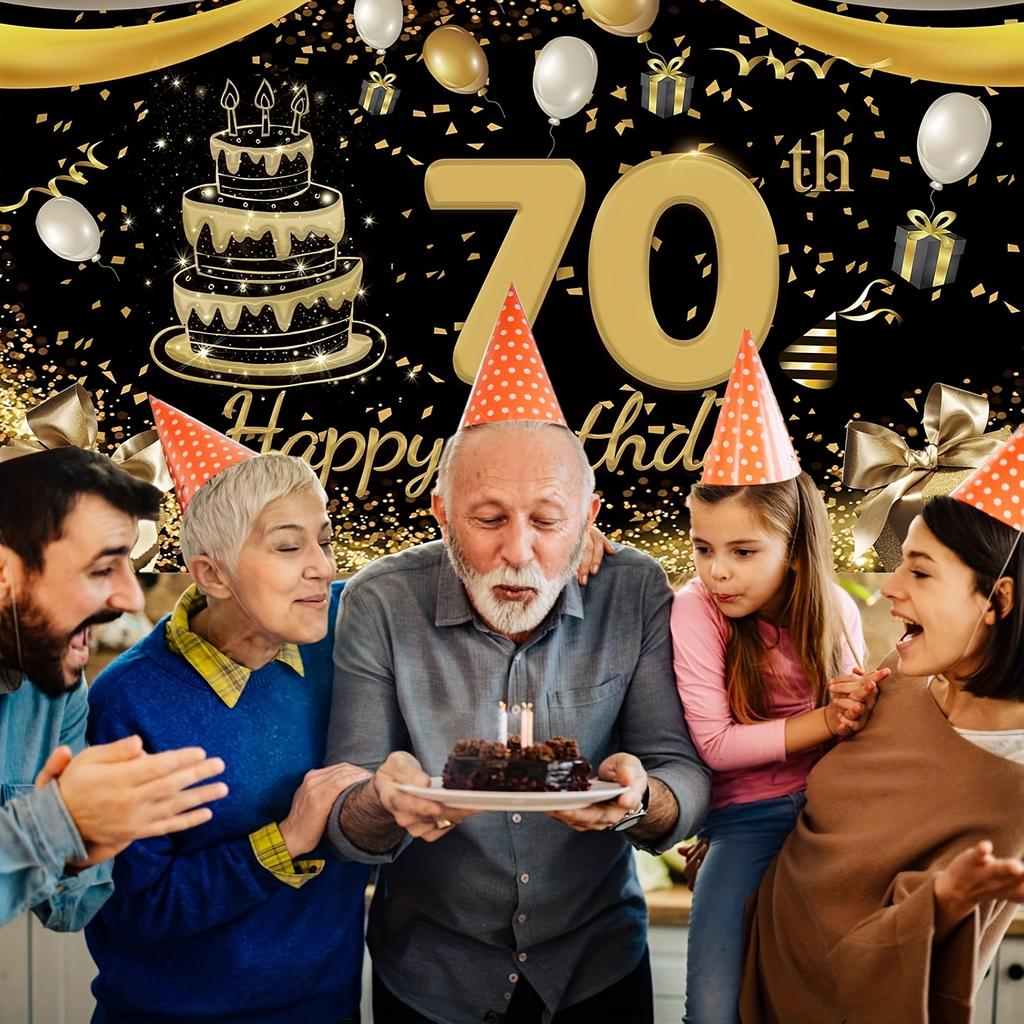 70th Birthday Banner in Black and Gold Party Decoration - Elegant Background Setup for Indoor and Outdoor Milestone Celebrations