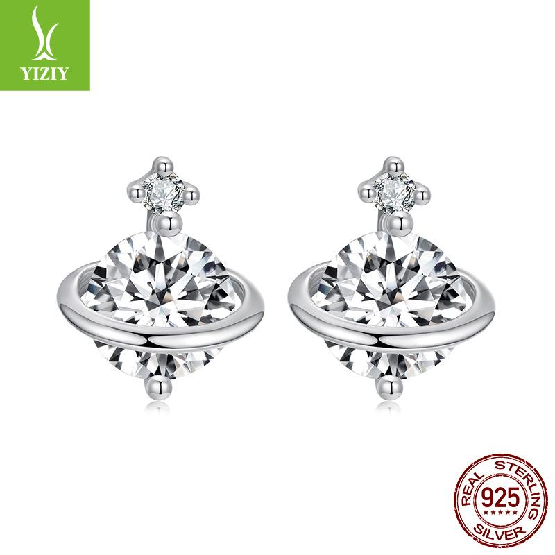 Simple Shining Zircon Planet Stud Earrings, Fashionable Light Luxury S925 Sterling Silver Stud Earrings.