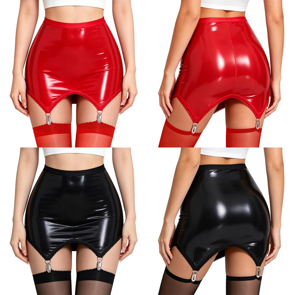 Minifalda Bodycon Brillante de PU para Mujer con Pinzas para Medias Integradas Cintura Alta Efecto Mojado Elástica