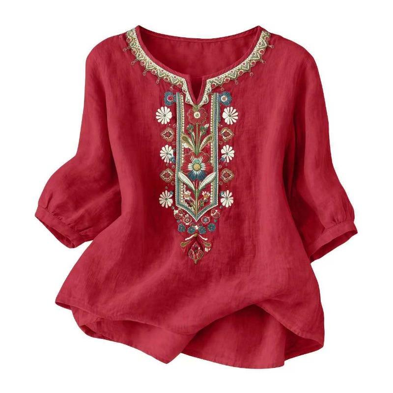 Women Floral Embroidered V Neck Three Quarter Sleeve Linen Blend Blouse M красный