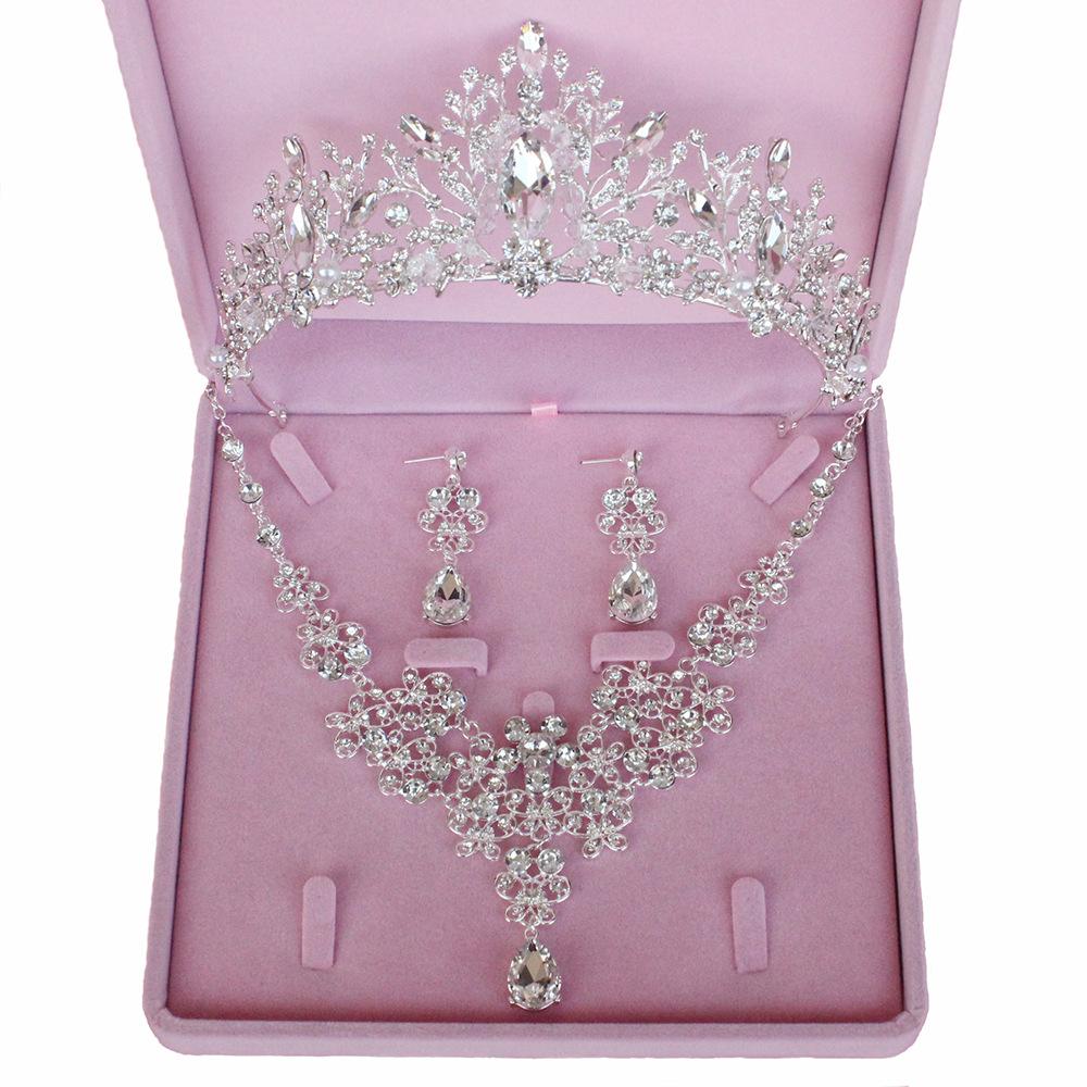 

Корейские свадебные украшения из трех предметов, ручной работы, корона, жемчужное ожерелье, серьги, новые серебряные и белые стразы, тиара, аксессуары для волос