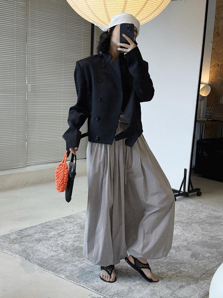 Xu Man Spring/Summer Paris Fashion Plaid Balloon Button Cuff Long Pants for Women