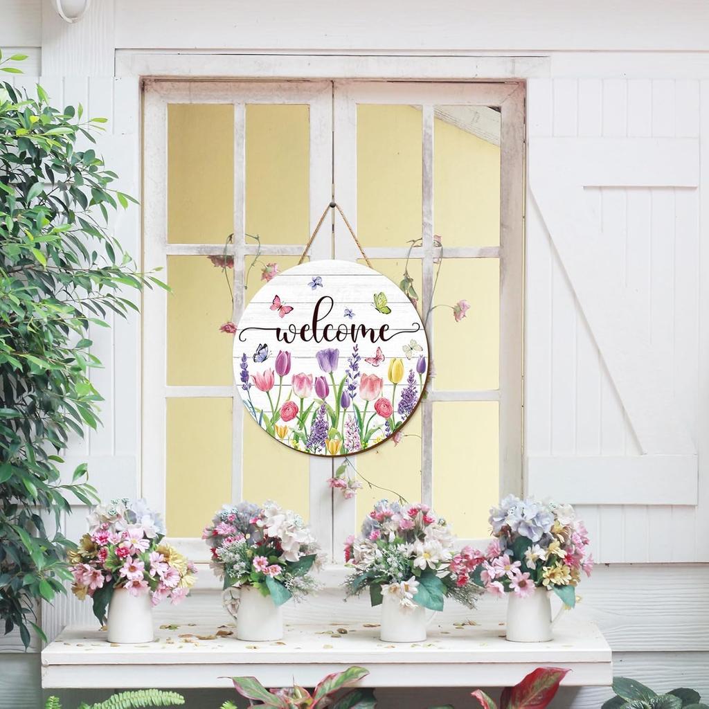 Summer Flower Welcome Door Sign Tulip Wooden Hanging Sign Floral Butterfly Door Hanger Sign for Spring Summer Holiday Indoor Outdoor Farmhouse Home