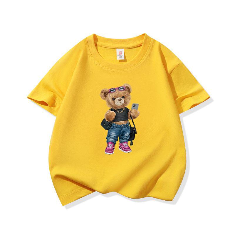 Trendy Girl Bear With Sunglasses Graphic Tee Kids 100 Cotton Crew Neck Casual T Shirt Short Sleeve Muticolor Top For Girls Boys