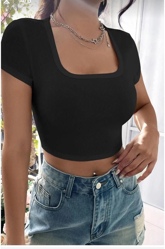 Frauen Mode Neue Bluse Weibliche Schwarz Halbe Hülse Gerade Kragen Crop Top Bluse